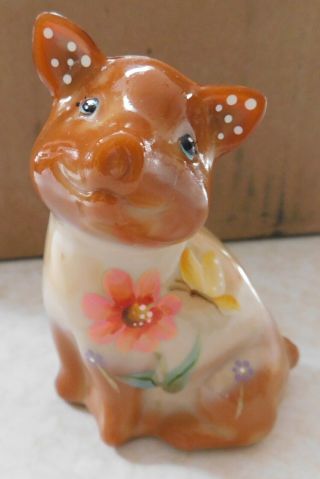 Fenton Hand Painted Slag Glass Pig With Flowers Signed By Artist.
