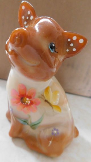 FENTON Hand Painted SLAG GLASS PIG With Flowers Signed By Artist. 2