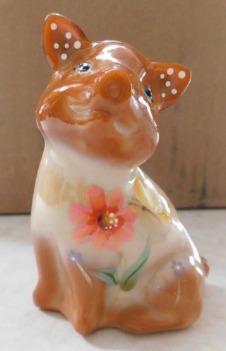 FENTON Hand Painted SLAG GLASS PIG With Flowers Signed By Artist. 3