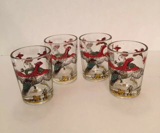 4 Vintage Pheasant Glasses Hazel Atlas Juice Glass Or Barware 3 " Tall Hunter Dog