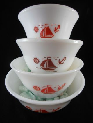 4 Vintage Mckee Mixing Nesting Bowls Red Sailboat Nautical Theme Milk Glass