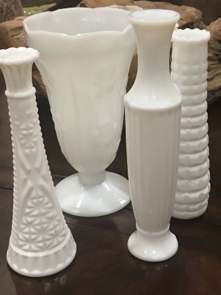 Depression Era Milk Glass Bud Vases And Floral Vase,  Vintage,  Decorative