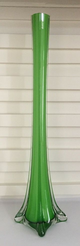 Vintage Tall Green & Clear Glass Vase – Slender Art Nouveau Style Circa 1960’s