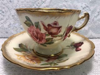 Hammersley Cream With Red,  Pink & Yellow Roses Heavy Gold Tea Cup And Saucer Set