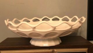 12” Vintage White Footed Milk Glass Console Fruit Bowl Reticulated Eyehole Edge