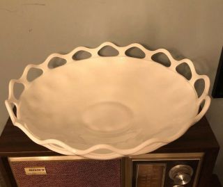 12” Vintage White Footed Milk Glass Console Fruit Bowl Reticulated Eyehole Edge 2