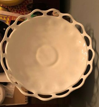 12” Vintage White Footed Milk Glass Console Fruit Bowl Reticulated Eyehole Edge 3