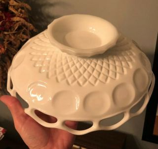 12” Vintage White Footed Milk Glass Console Fruit Bowl Reticulated Eyehole Edge 6