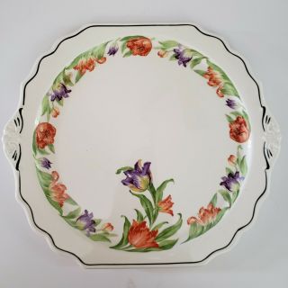 Vintage Harker Pottery Tulip Square Handled Cake Plate Orange Purple Floral