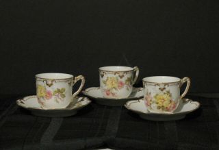 3 Very Similar Antique Ak Limoges Tea / Demitasse Cups Saucers Roses C.  1900 - 1910