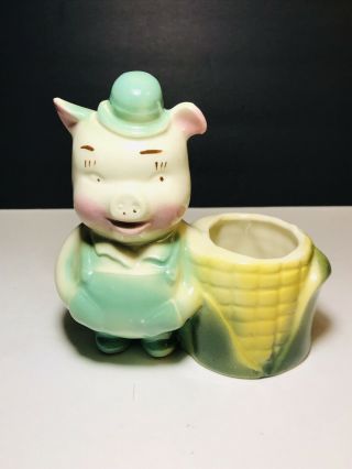 Vintage Mid Century Shawnee Art Pottery Pig Farmer Corn Cob Husk Planter 50s
