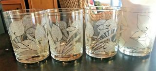 4 Vintage Culver Frosted Calla Lily Clear Gold Trim Rocks Glasses 12 Oz