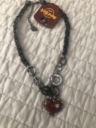 Hard Rock Cafe Necklace Steampunk Hearts Peace Signs Leather Chains Crystals