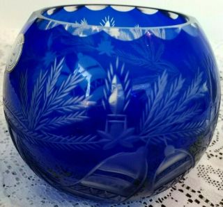 Cobalt Blue Cut To Clear Crystal Glass Rose Bowl Romania Art Glass