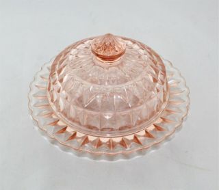 Vintage Jeanette Windsor Diamond Pink Depression Glass Round Butter Dish W/ Lid
