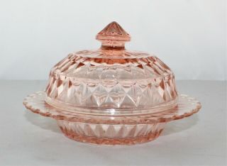 Vintage JEANETTE Windsor Diamond Pink Depression Glass Round Butter Dish w/ Lid 2