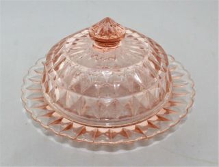 Vintage JEANETTE Windsor Diamond Pink Depression Glass Round Butter Dish w/ Lid 3