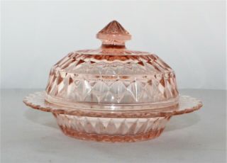 Vintage JEANETTE Windsor Diamond Pink Depression Glass Round Butter Dish w/ Lid 4