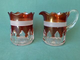 Ruby Stained Spear Point Band Early American Pattern Glass Creamer & Sugar Bowl