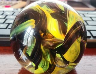 Black,  Green,  Yellow Ribbon Swirl - Art Glass Marble Paperweight Signed Mm