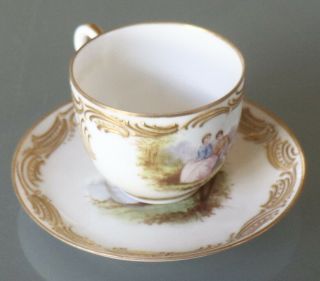 Hand - Painted Couple Demitasse Cup & Saucer,  Unknown Makers Mark,  Germany