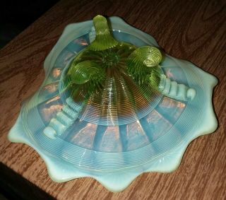 ANTIQUE NORTHWOOD opalescent Vaseline Glass 3 - Footed Candy Dish/Card Receiver 4