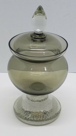 Vtg Retro Bubble Glass Footed Smokey Grey Apothecary Compote Lidded Candy Dish