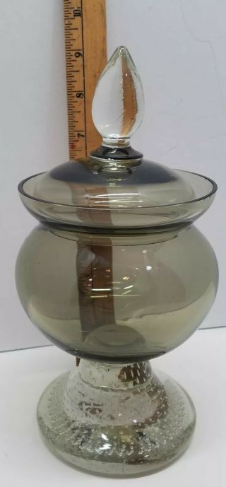 Vtg Retro bubble glass footed smokey Grey Apothecary Compote Lidded Candy Dish 4