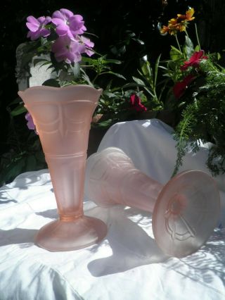 2 X Vintage 1930s Art Deco Sowerby Pink Frosted Glass Vases Just Fabulous.