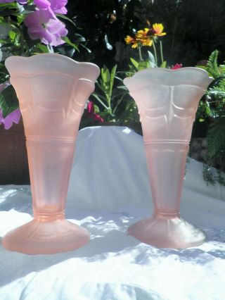 2 x Vintage 1930s Art Deco Sowerby Pink Frosted Glass Vases just fabulous. 3