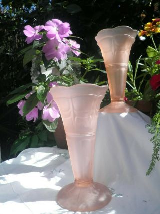 2 x Vintage 1930s Art Deco Sowerby Pink Frosted Glass Vases just fabulous. 4