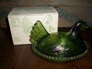 Vintage Indiana Glass 2562 Olive Green Hen On A Nest Candy Bowl Dish Bx