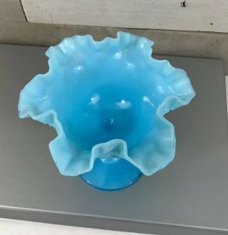 Vintage Fenton Robin Egg Blue Milk Glass Hobnail Pedastal Dish Vase Ruffled Rim 2