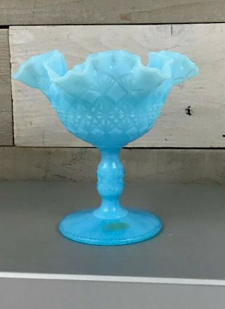Vintage Fenton Robin Egg Blue Milk Glass Hobnail Pedastal Dish Vase Ruffled Rim 4
