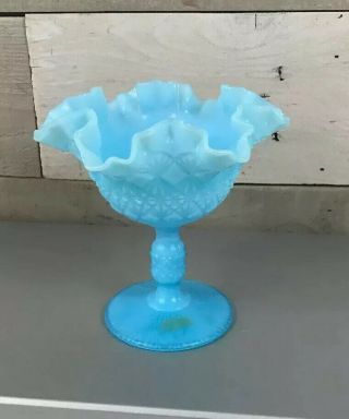 Vintage Fenton Robin Egg Blue Milk Glass Hobnail Pedastal Dish Vase Ruffled Rim 5