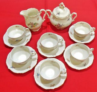 Vintage 15 - Piece Porcelain Demitasse Tea Set Floral Embossed Gold Trim