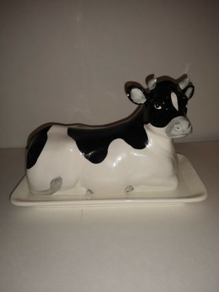 Vintage Otagiri Holstein Cow Ceramic Covered Butter Dish Farmhouse