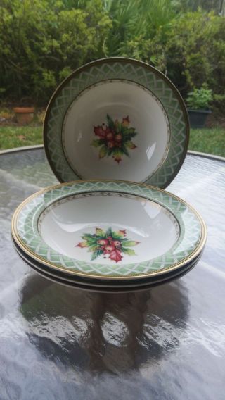 Fitz And Floyd Winter Holiday/green Wreath Soup/cereal Bowls - Set Of 4 -