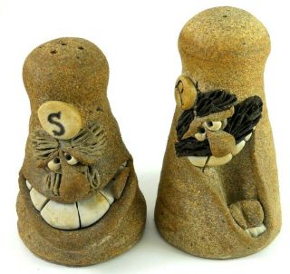 Vintage Mahon Made Stoneware Pottery Salt Pepper Shakers Face Anthropomorphic