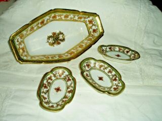 Vintage Bone China " R C Nippon " Hand Painted Nut Dishes Set Of 4 Gold Trim