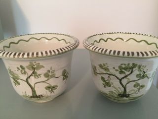 Vintage Ulmer Keramik Hand Painted Green Tree Planters,  Made In Germany