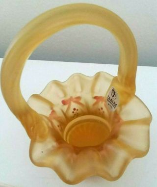 Amber Fenton Mini Basket Gold Yellow Satin Glass Painted Bows Red Flowers Signed