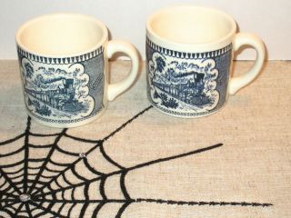 Royal China Currier And Ives Blue And White Train Mugs 2 D