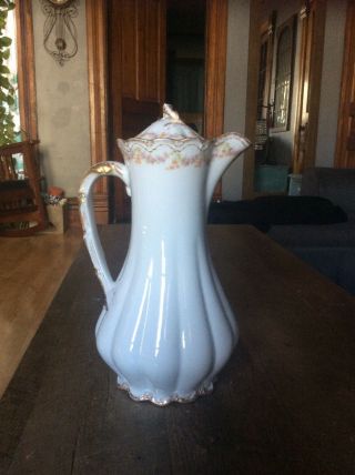 Haviland & Co.  Limoges France 10 " Tall Porcelain Pitcher W/ Lid.  Floral W/ Gold