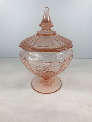 Mayfair Open Rose Pink Depression Glass Covered Footed Candy Dish