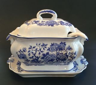 Vintage Blue & White Ceramic Soup Tureen With Ladle Underplate Blue Floral Japan