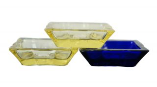 Set Of 3 Vintage Heisey Glass Salt Cellars Bone Dishes Yellow Blue Square