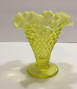 Vintage Fenton Art Glass Topaz Vaseline Opalescent Hobnail Ruffled Vase
