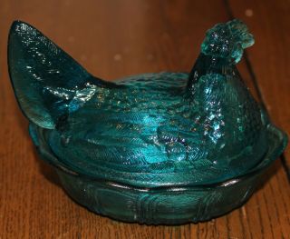 Blue Glass Hen on Nest; Fenton 2