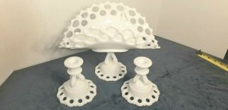 Vintage Westmoreland Milk Glass Banana Or Fruit Stand W/ 2 Candlesticks Console